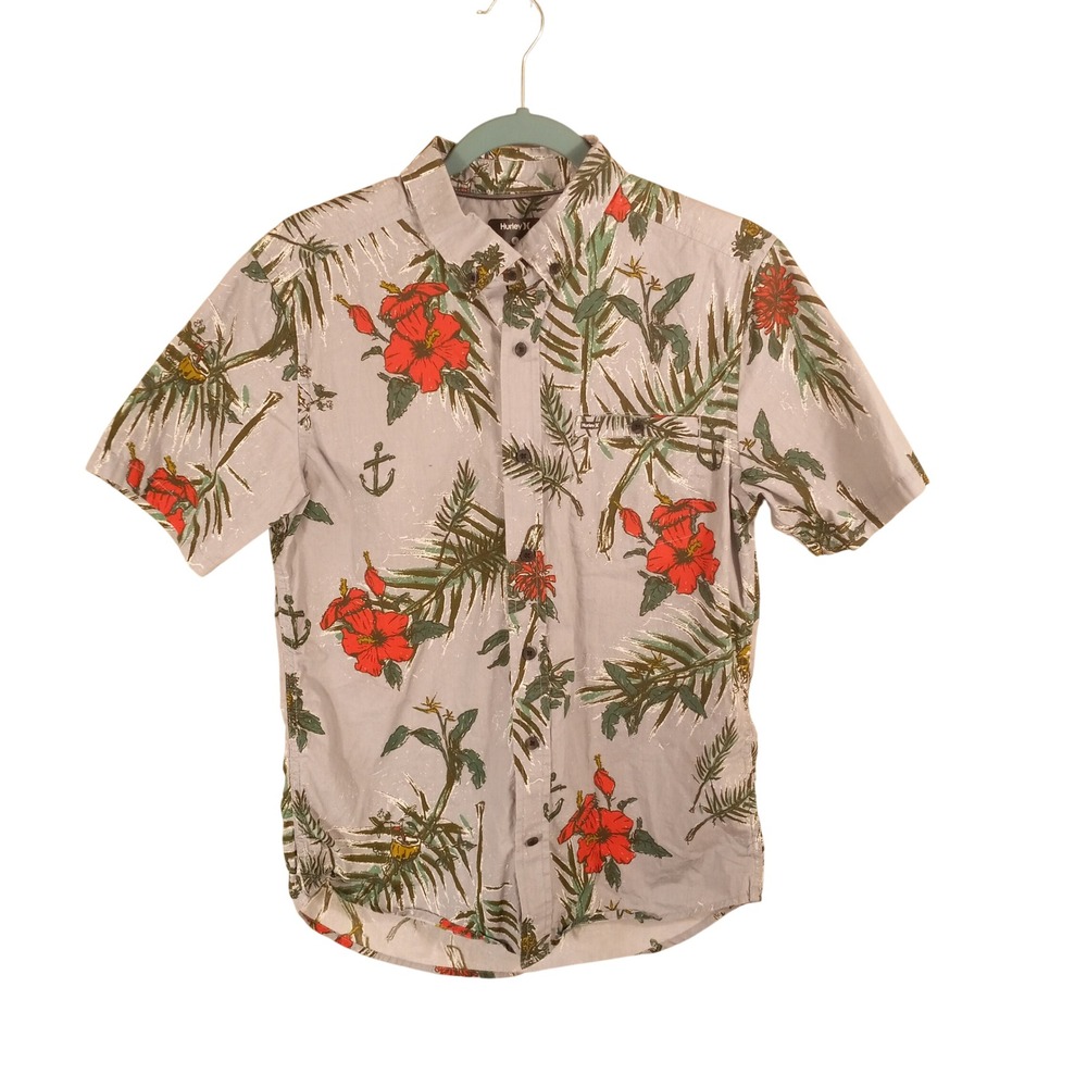 Hurley Mens Small‎ Tropical Hibiscus Anchor Print Button Down Shirt Grey Red